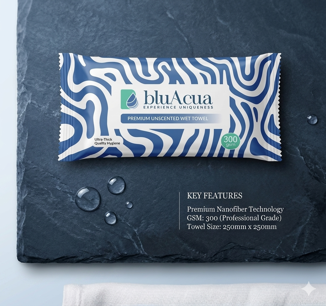 The Blu Acua 300 GSM Premium Wet Towel redefines the pinnacle of hygienic luxury.